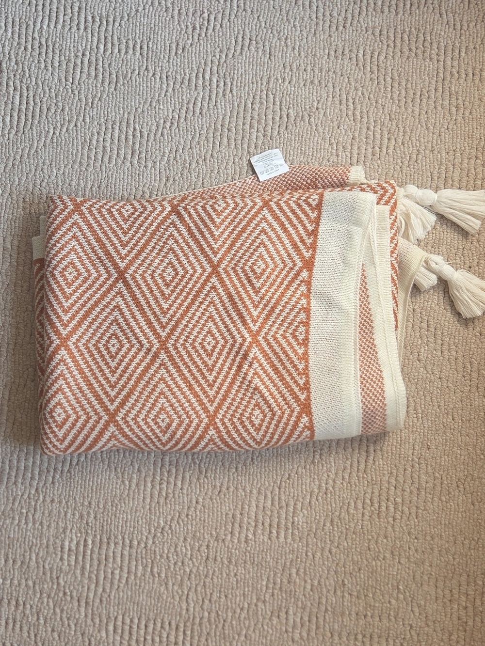 Geometric Burnt Orange and Cream Throw Blanket with Tassels